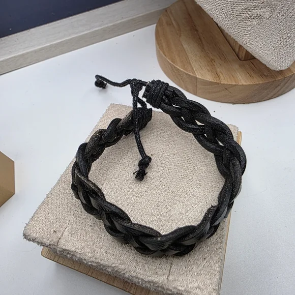 Black Braided Leather Bracelet (1113) - Picture 2 of 2